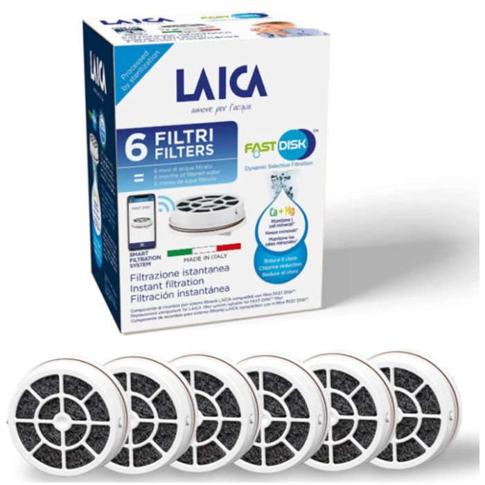 Laica FD06A Fast disk filter. Zamanski filter sa aktivnim ugljem za boce za filtriranje, sa 6 filtera u pakovanju imate do 720 litara prečišćene vode .