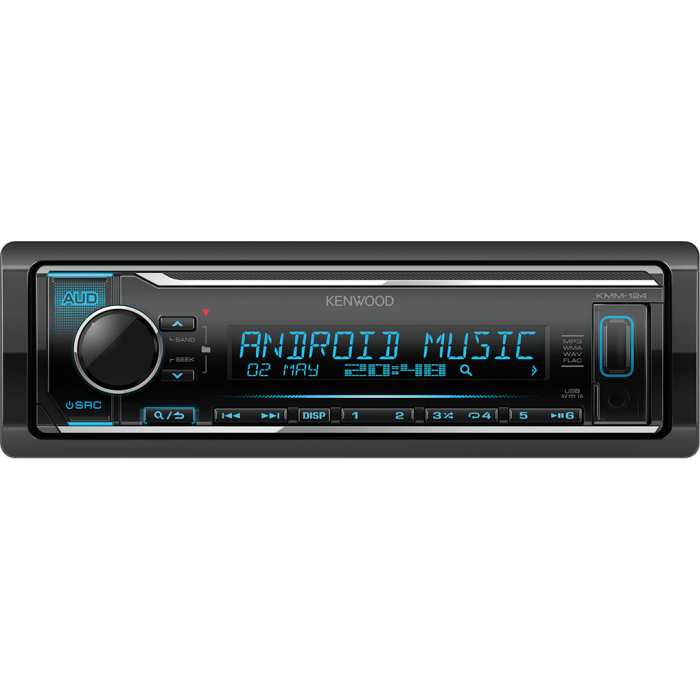 Kenwood KMM-124 auto radio sa ugrađenim Bluetooth-om i USB konektorom, kompatibilan sa iOS i Android uređajima, LCD displejom itd.