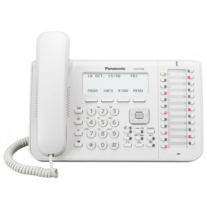 Panasonic KX-DT546X Sistemski telefon sa 6 rednim LCD ekranom, 24 fleksibilnih funkcijskih tastera, One-touch i Full Duplex Speakerphone funkijom.