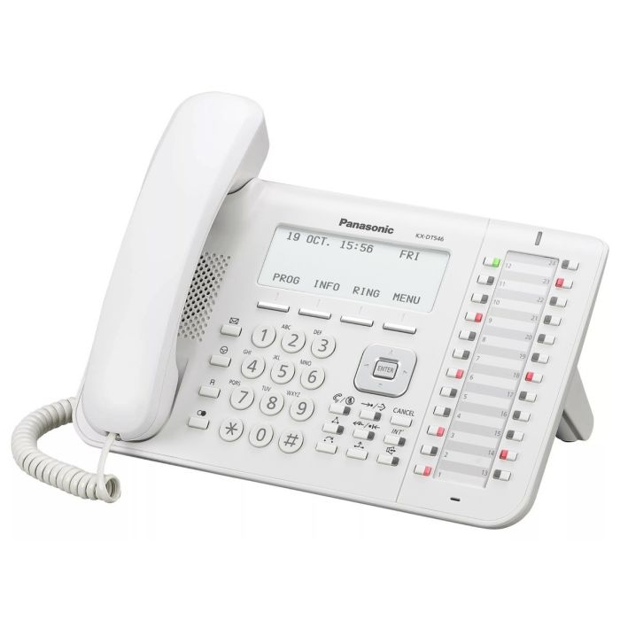 Panasonic KX-DT546X Sistemski telefon sa 6 rednim LCD ekranom, 24 fleksibilnih funkcijskih tastera, One-touch i Full Duplex Speakerphone funkijom.