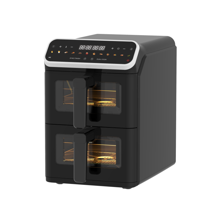 Techwood CS-9011 Friteza bez ulja snage 2600–3000 W sa dve korpe kapaciteta 5,6 l + 5,6 l (11,2 l ~ 3,5 kg pomfrita. Savršeno za celu porodicu. 