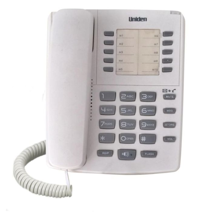 Uniden AS7301W Žični telefon sa svetlosnim indikatorom za poruke, 10 memorijskih tastera, redial tasterom, spikerfonom i mogućnošću montiranja na zid.