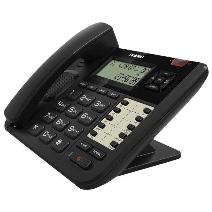 Uniden AT8502 Žični telefon sa dvolinijskim ekranom, spikerfonom, identifikacijom poziva i mogućnošću montiranja na zid, pogodan za dom, kancelariju, hotel.