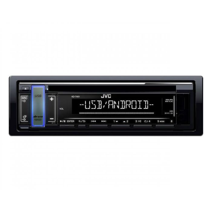 JVC KD-T401 Auto radio snage 4x50W sa LCD displejem i varijabilnom bojom dugmića, USB / AUX ulazom i opcijom za peprodukcija Android muzike.