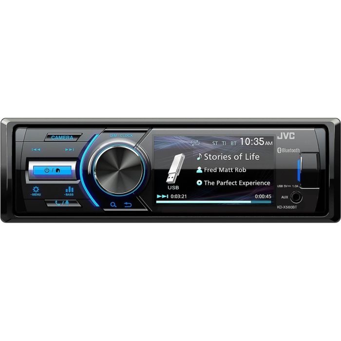 JVC KD-X560BT Auto radio snage 4x 45 W, sa 3" TFT LCD ekranom u boji, Bluetooth, AUX I USB ulazom i priključkom za parking kameru.