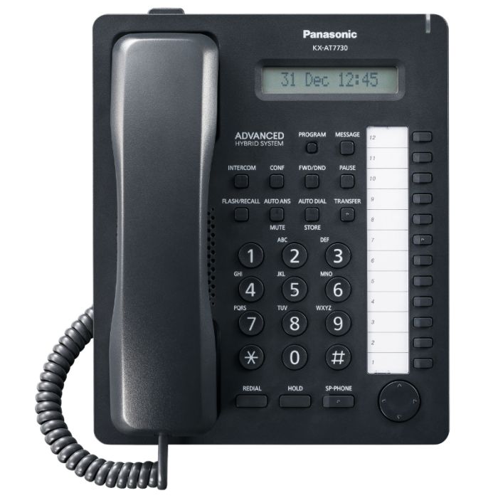 Panasonic KX-AT7730SXB Sistemski telefon, 12 programabilnih tastera, jednorednim LCD displejom sa 16 karaktera, Spikerfon, Auto answer i Mute tasterima...